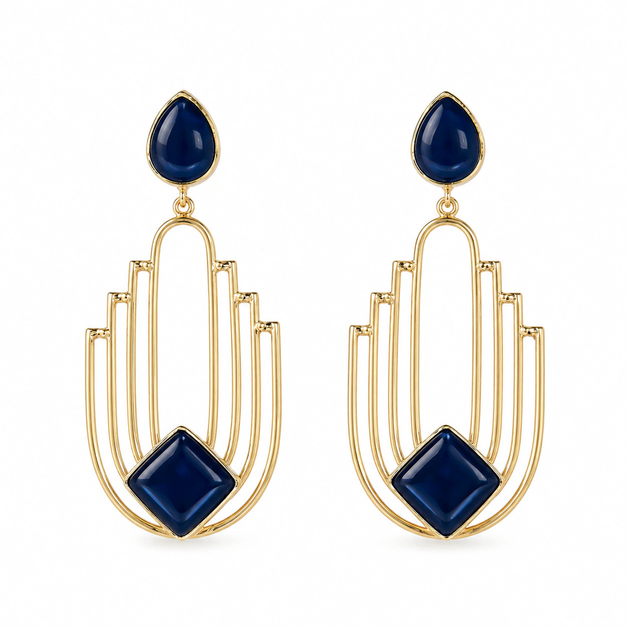 Close-up of navy blue geometric panels and gold-tone detailing