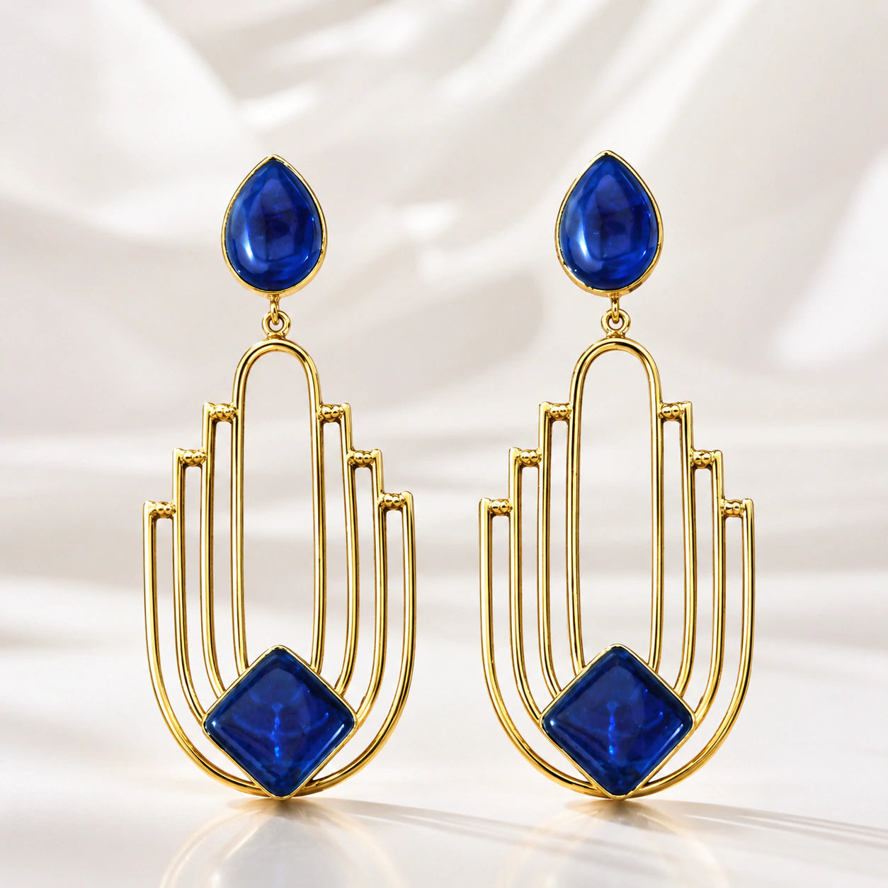 Western gold navy blue geometric chandelier earrings