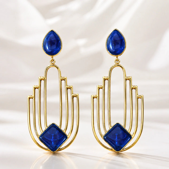 Western gold navy blue geometric chandelier earrings