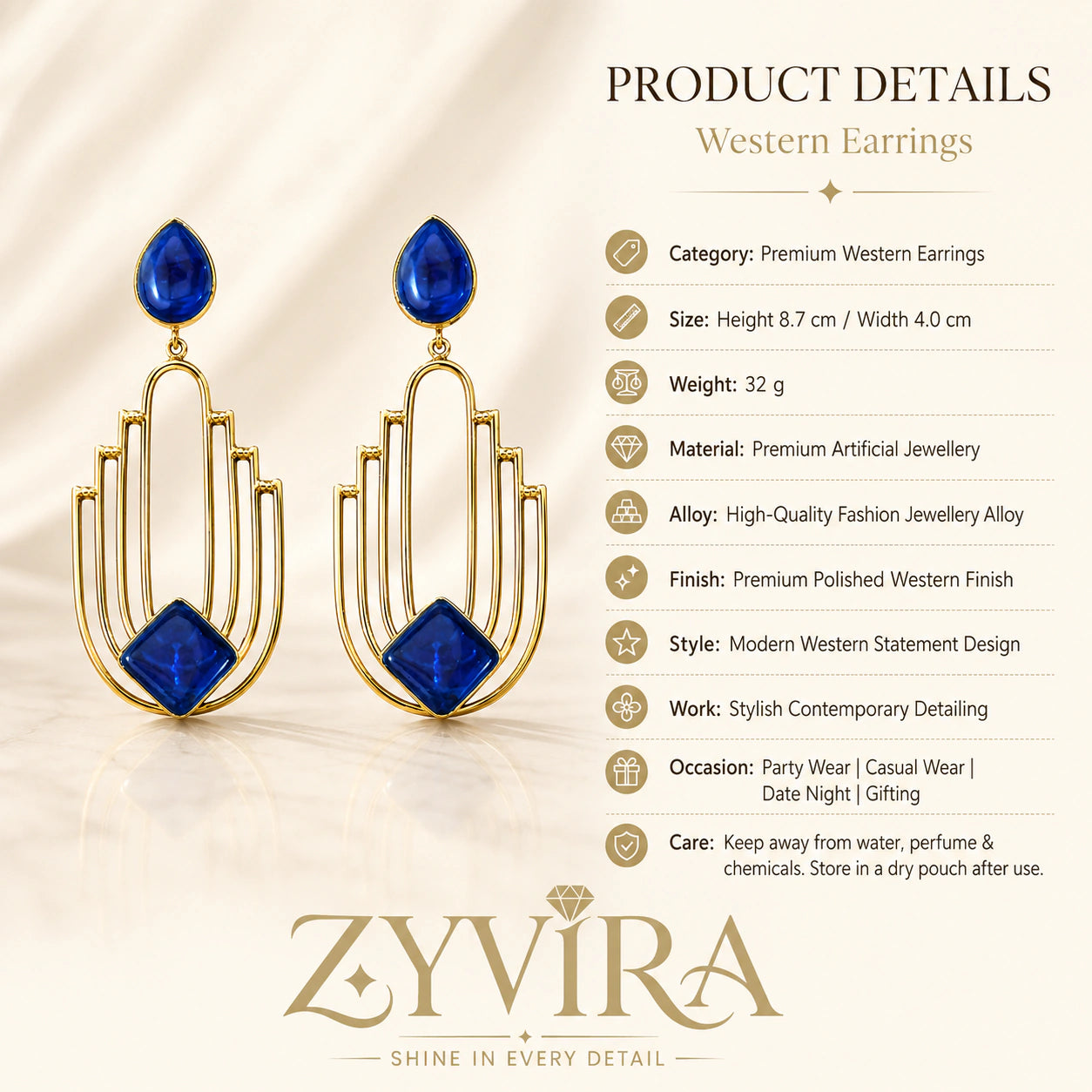 Product details card for gold navy geometric chandelier earrings