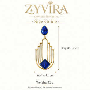 Size guide showing the proportions of navy geometric chandelier earrings