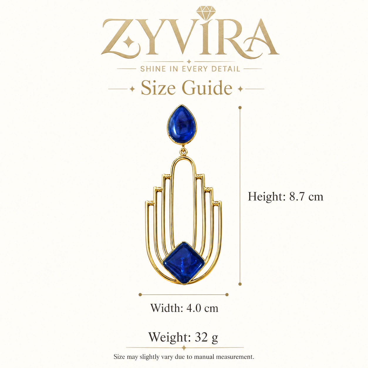 Size guide showing the proportions of navy geometric chandelier earrings