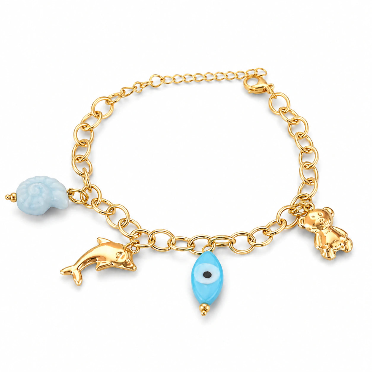 Close-up of ocean charms and blue accent detailing