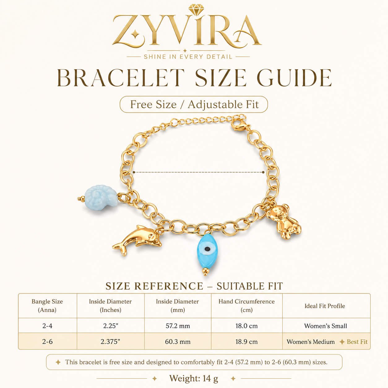 Product details card for the gold ocean charm blue bracelet