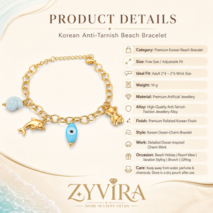Size guide showing the proportions of the gold ocean charm bracelet