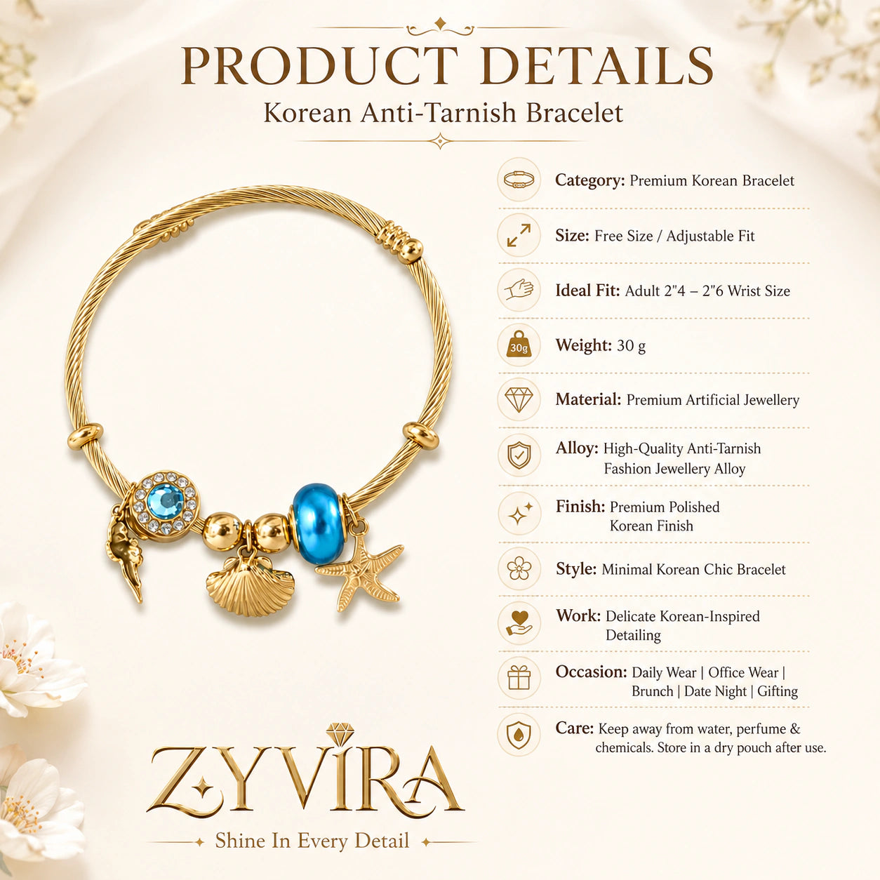 Open structure view of the gold twisted cable ocean charm kada