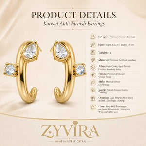 Product details card for gold crystal open cuff hoop earrings