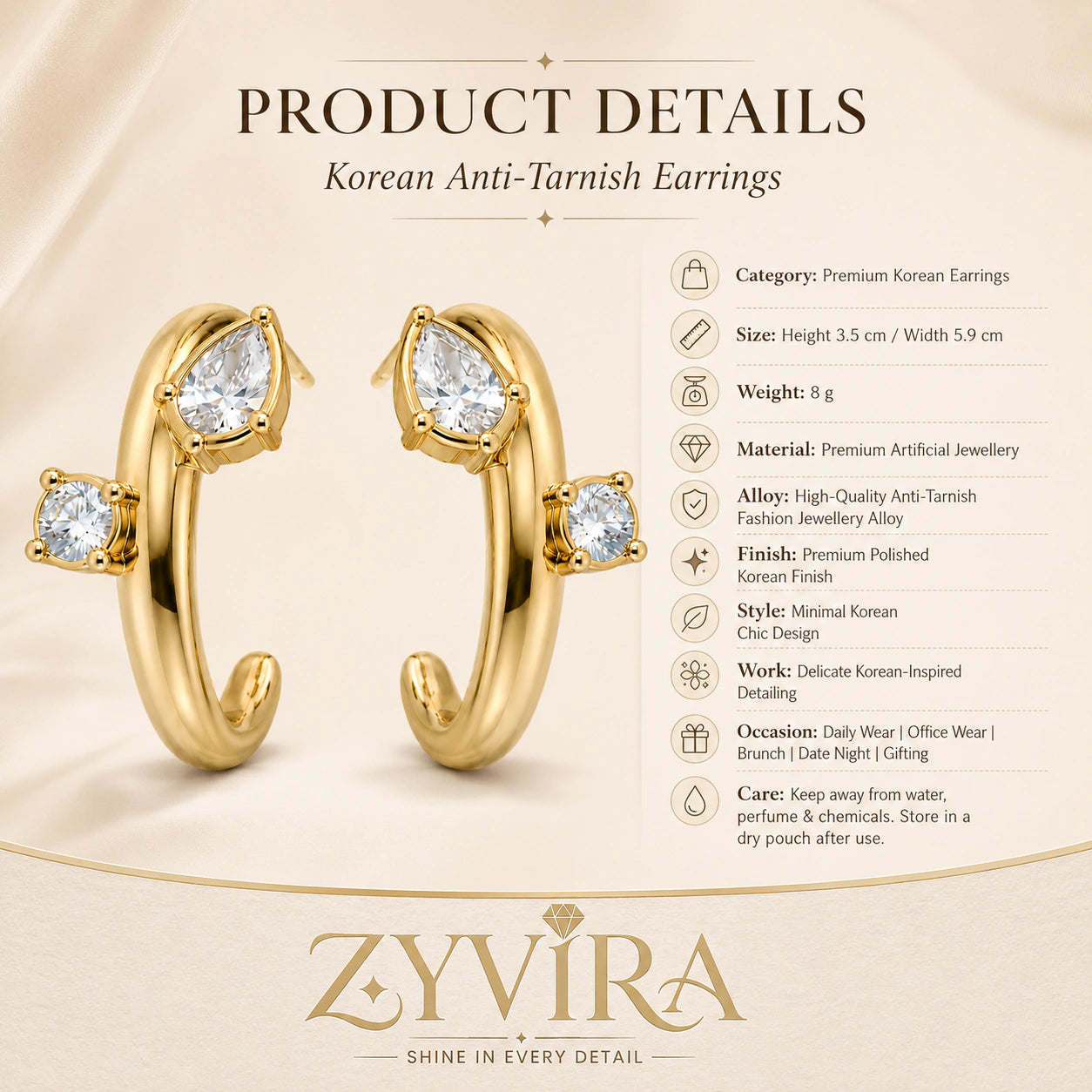 Product details card for gold crystal open cuff hoop earrings