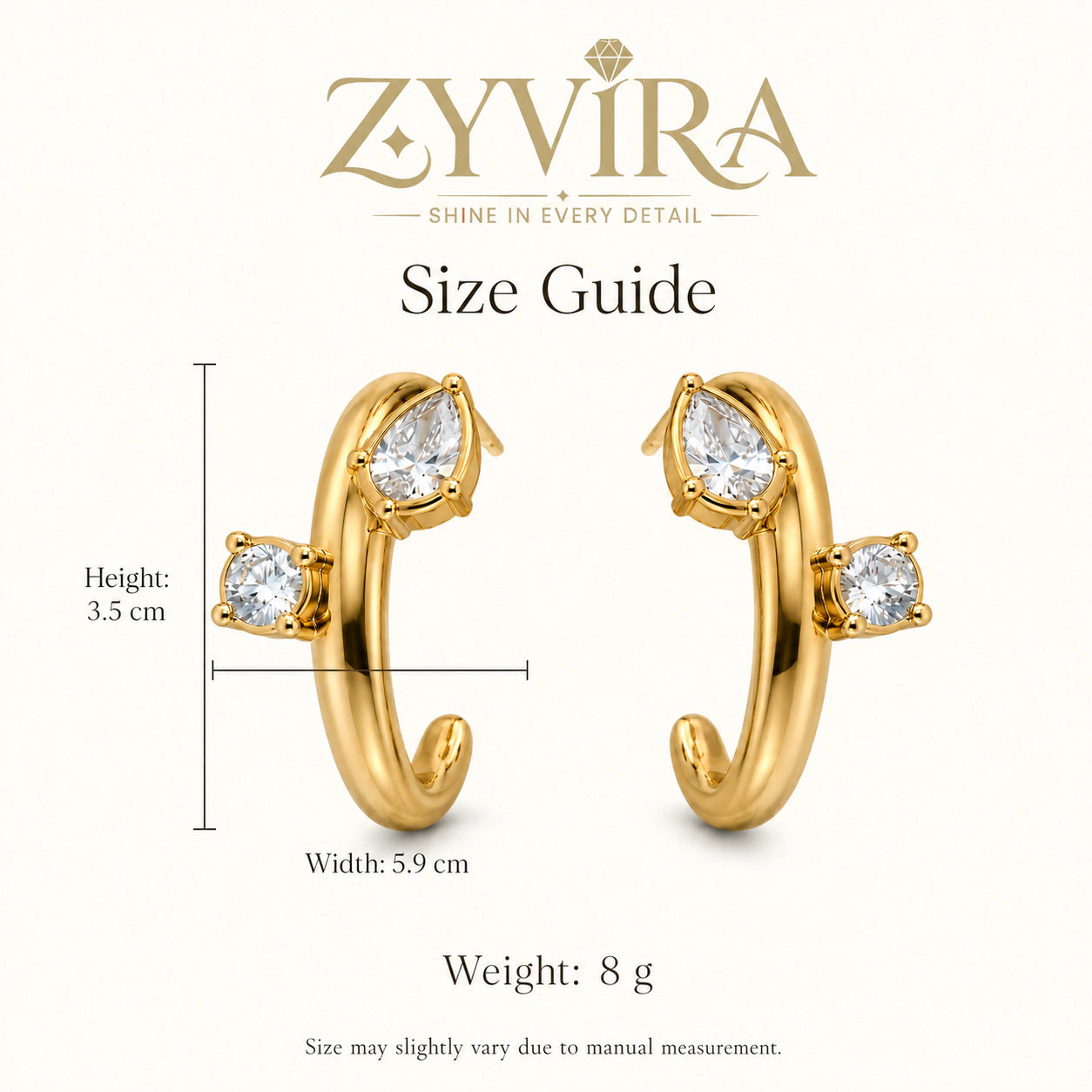Size guide showing the proportions of open cuff hoop earrings