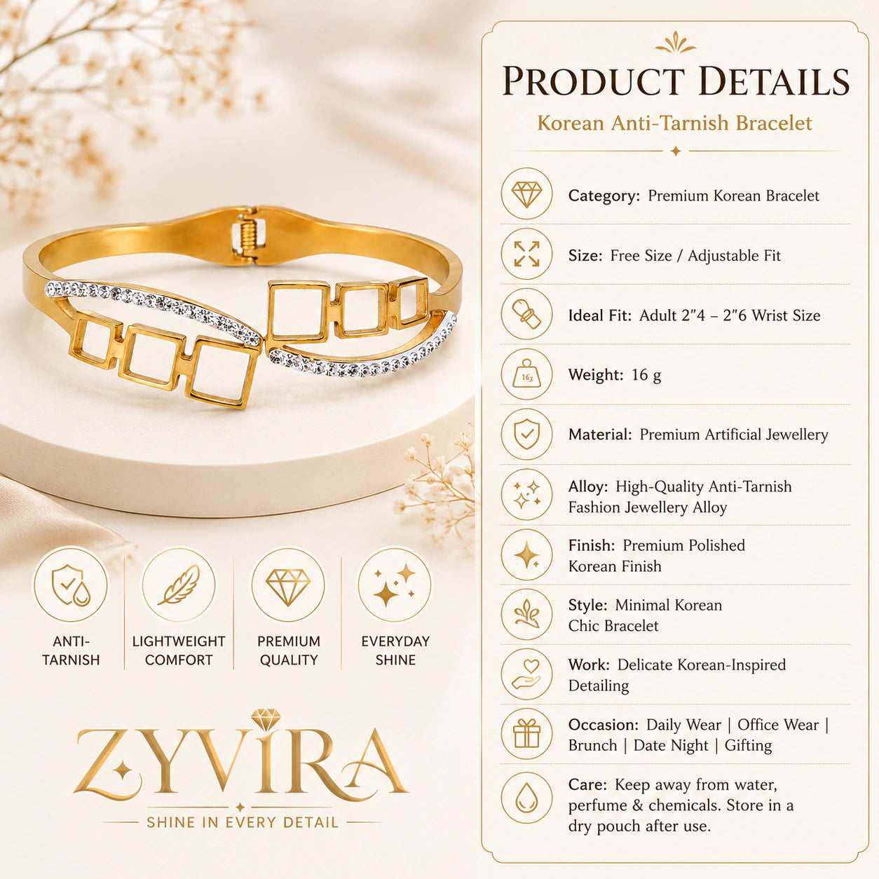Gold open-square crystal kada styled in an elegant jewellery flat lay