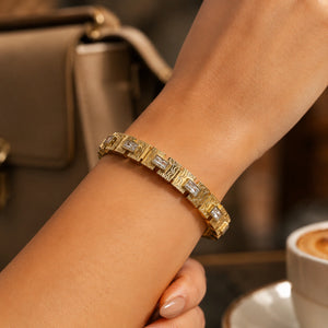 Alternate detail view of the gold openwork crystal kada