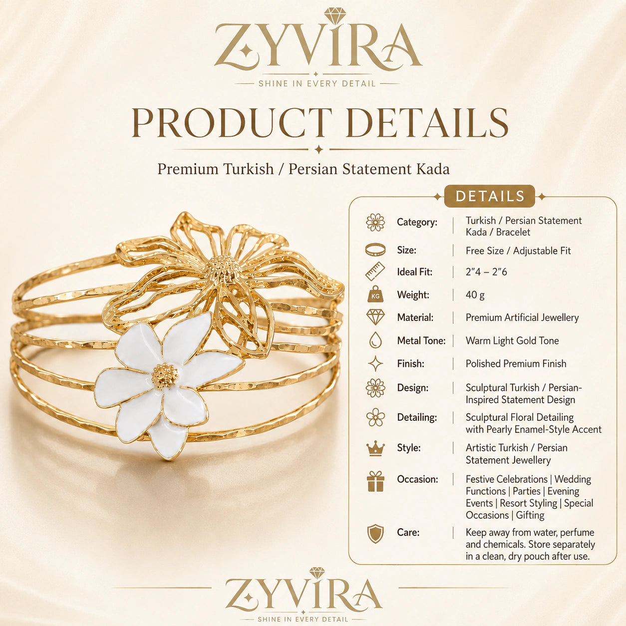 Gold openwork floral kada styled in an elegant jewellery flat lay