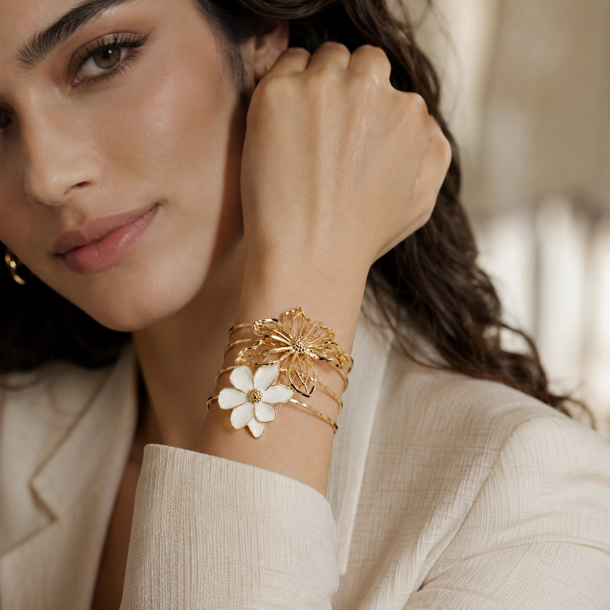 Warm gold openwork floral enamel-style multi-band kada bracelet