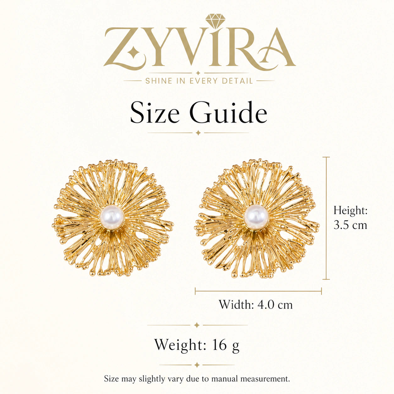 Angled view of gold openwork sunburst pearl statement studs