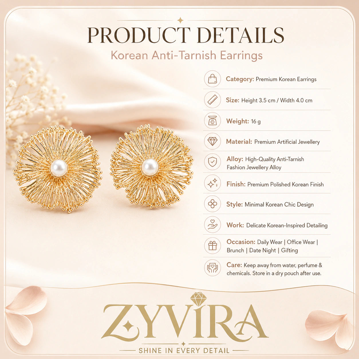 Size guide showing the proportions of sunburst pearl statement studs
