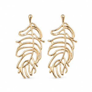 Product details card for gold openwork tropical leaf earrings