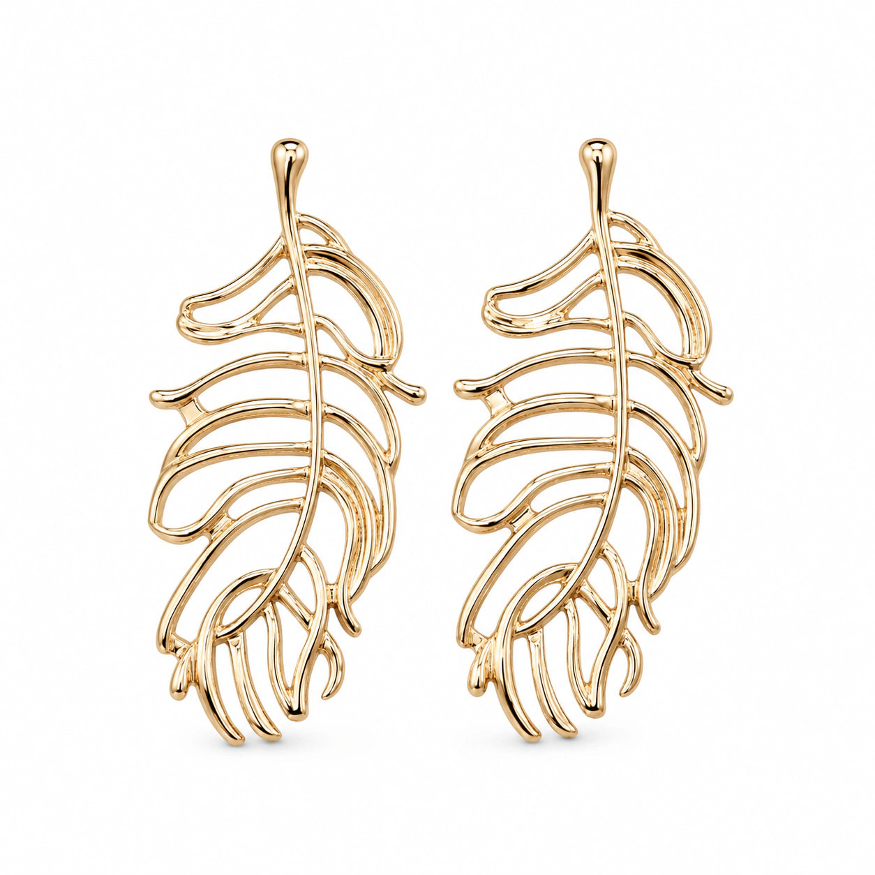 Product details card for gold openwork tropical leaf earrings