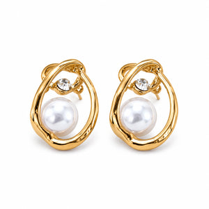 Product details card for gold organic teardrop pearl studs