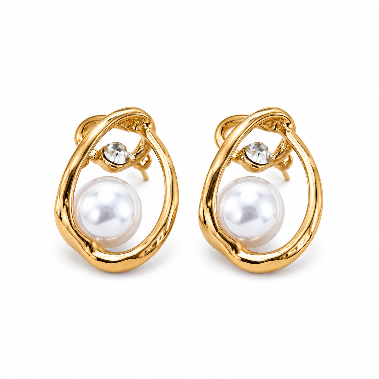 Product details card for gold organic teardrop pearl studs