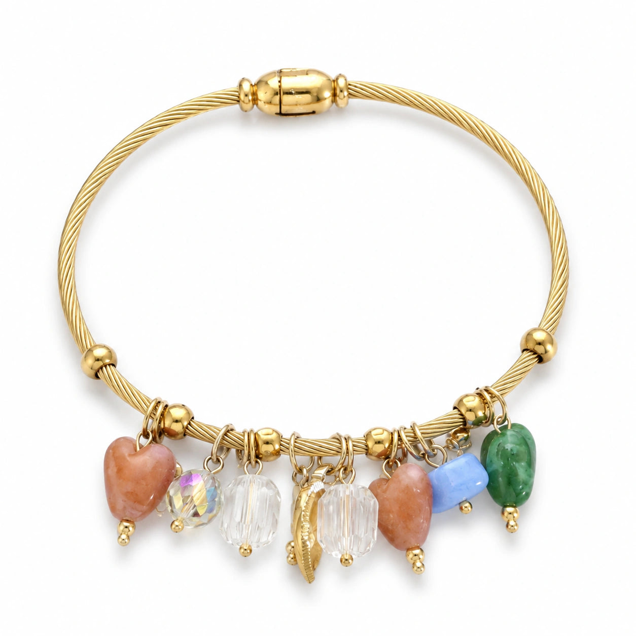 Close-up of pastel beads, leaf charms and twisted cable detailing