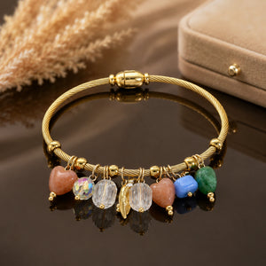 Gold-tone twisted cable pastel bead leaf charm bracelet