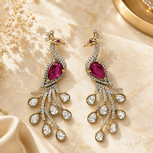 Alternate detail view of rani pink peacock chandelier earrings