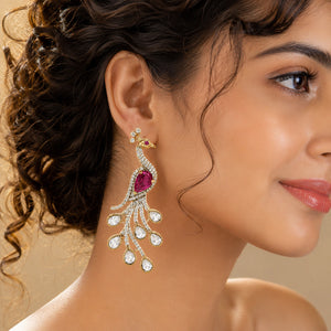 Alternate product view of gold peacock rani pink chandelier earrings