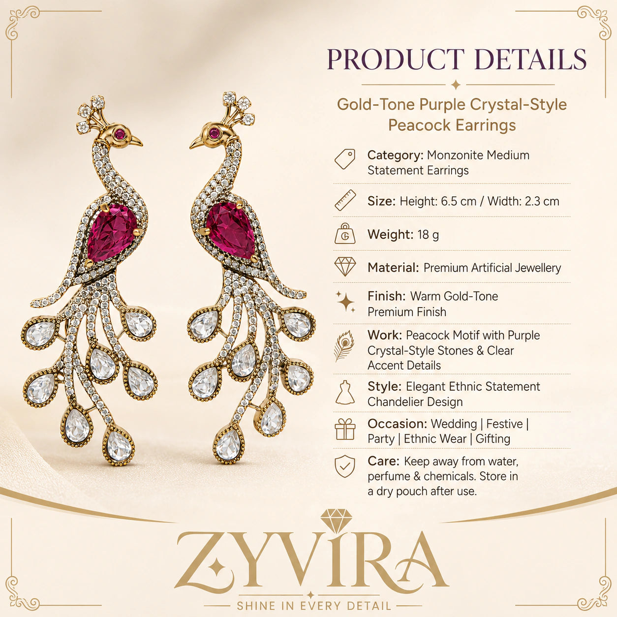Rani pink peacock chandelier earrings styled in an elegant jewellery flat lay