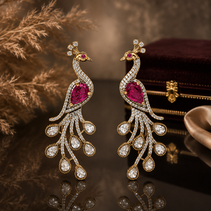 Gold peacock rani pink crystal-style chandelier earrings