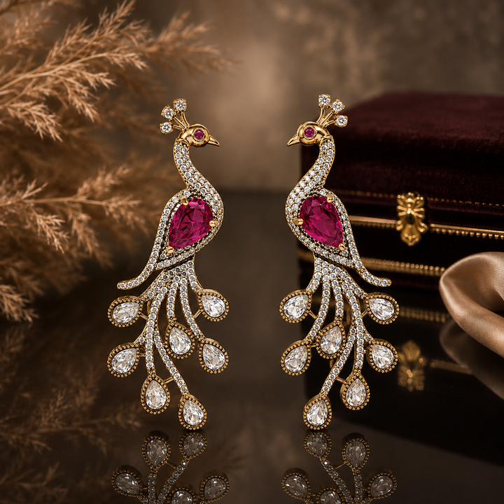 Gold peacock rani pink crystal-style chandelier earrings