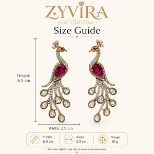 Product details card for gold peacock rani pink chandelier earrings