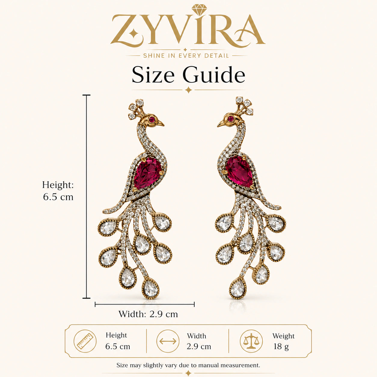 Product details card for gold peacock rani pink chandelier earrings
