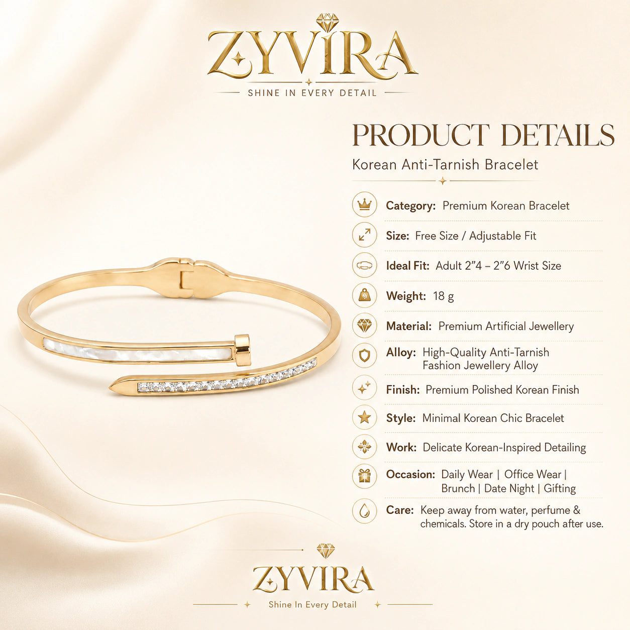 Gold pearl bar bypass kada styled in an elegant jewellery flat lay