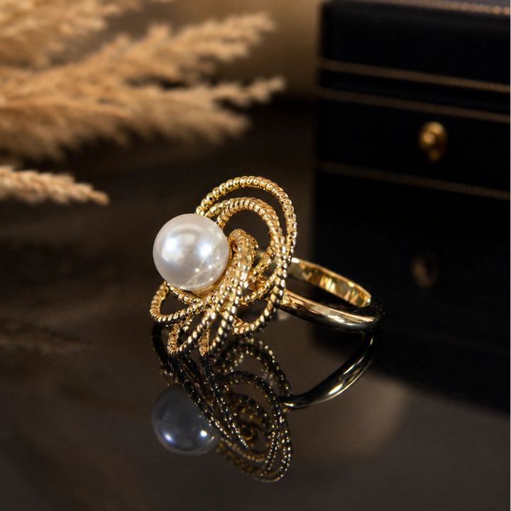 Gold-tone pearl-style beaded loop statement ring