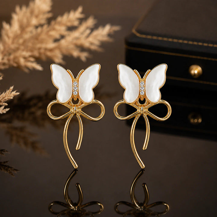 Gold pearl white butterfly bow crystal-style drop earrings