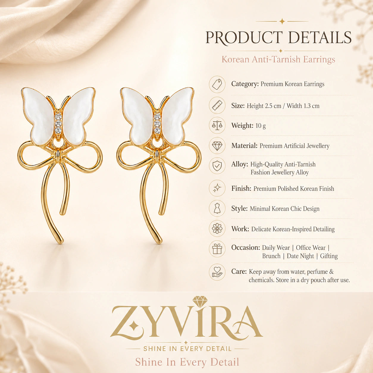 Product details card for gold pearl butterfly bow earrings