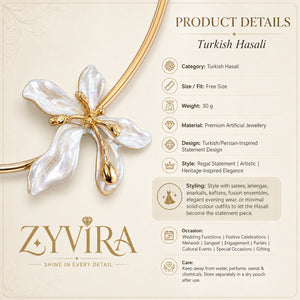 Gold pearl floral Hasali styled in an elegant jewellery flat lay