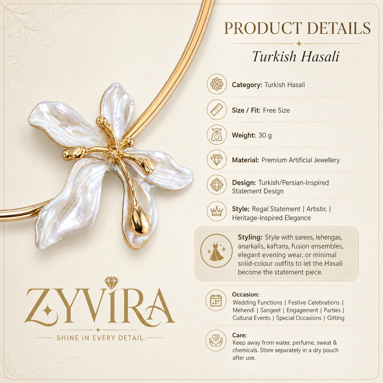 Gold pearl floral Hasali styled in an elegant jewellery flat lay