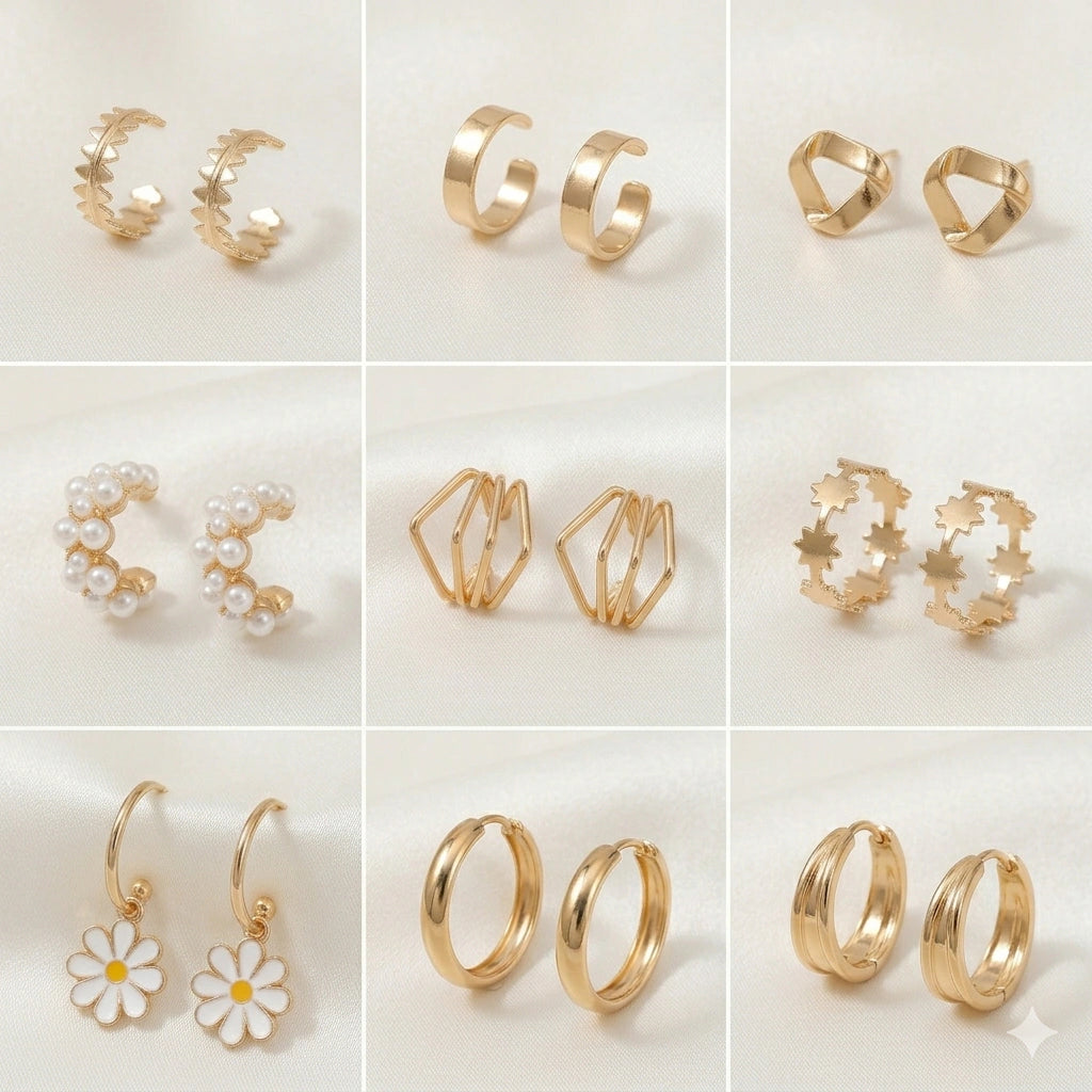 Complete components view of the gold pearl floral earring combo