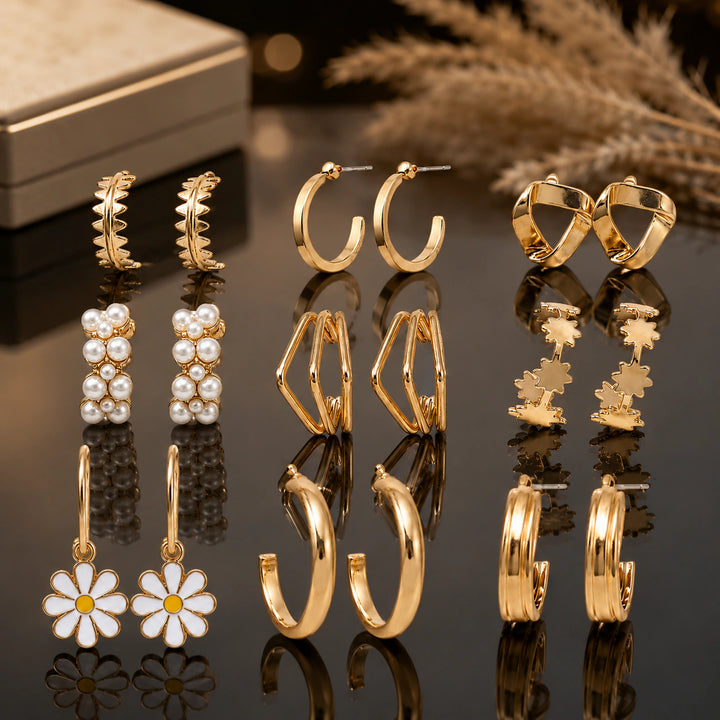 Gold-tone pearl floral mix-and-match earring combo set