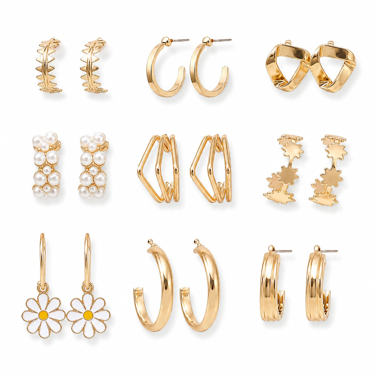Product details card for the gold pearl floral earring combo