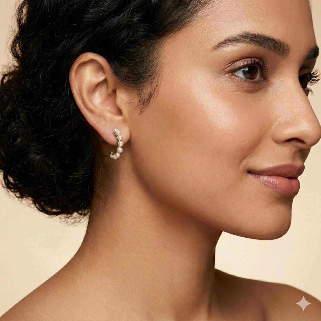 Angled view of the gold pearl heart butterfly earring set