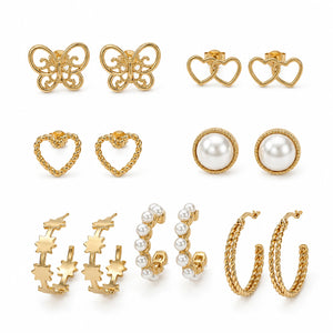 Gold-tone pearl, heart and butterfly mix-and-match earring set