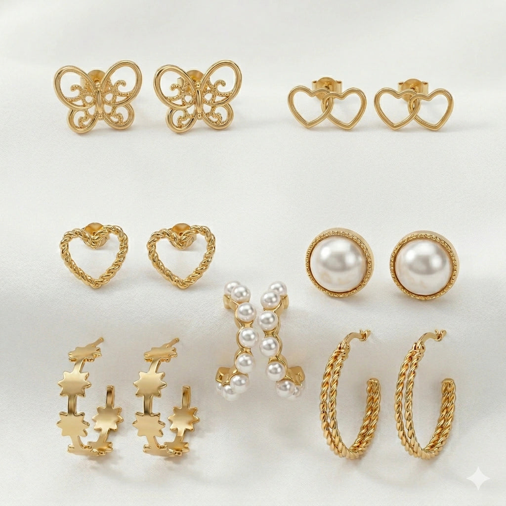 Product details card for the gold pearl heart butterfly earring set