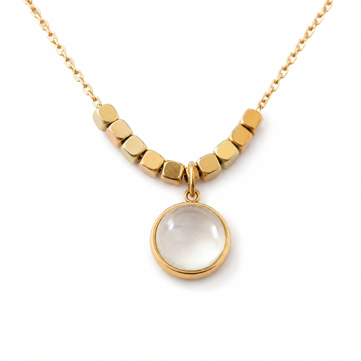 Close-up of the pearl-style round pendant and matching earring details