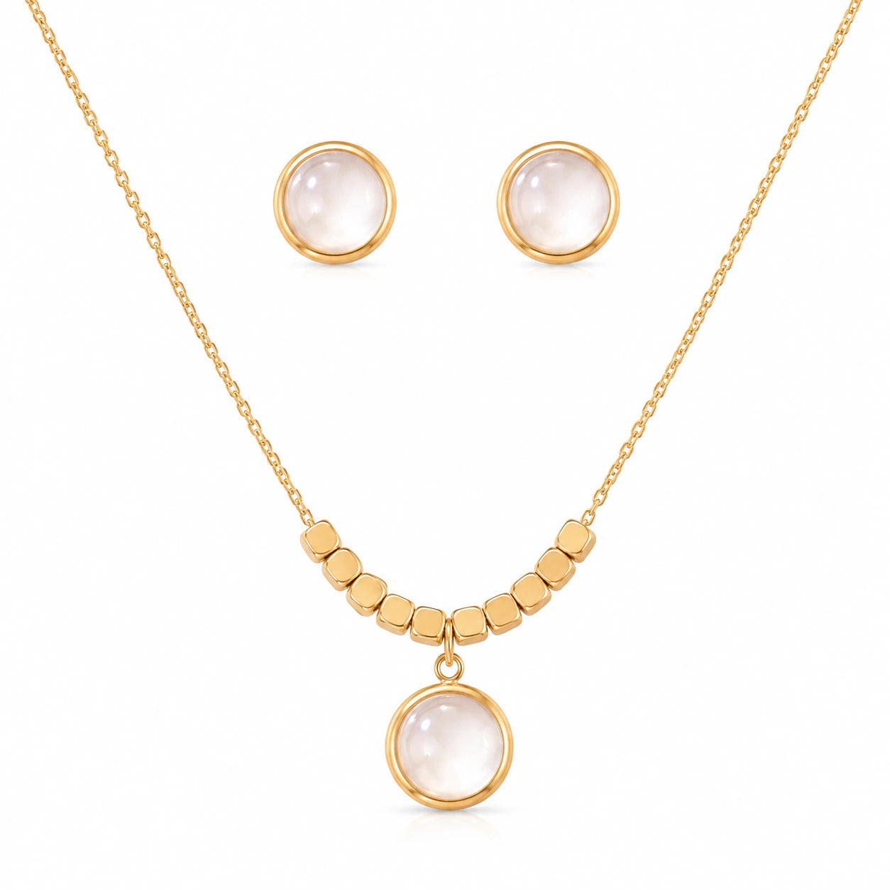 Gold-tone pearl-style round pendant station necklace with earrings