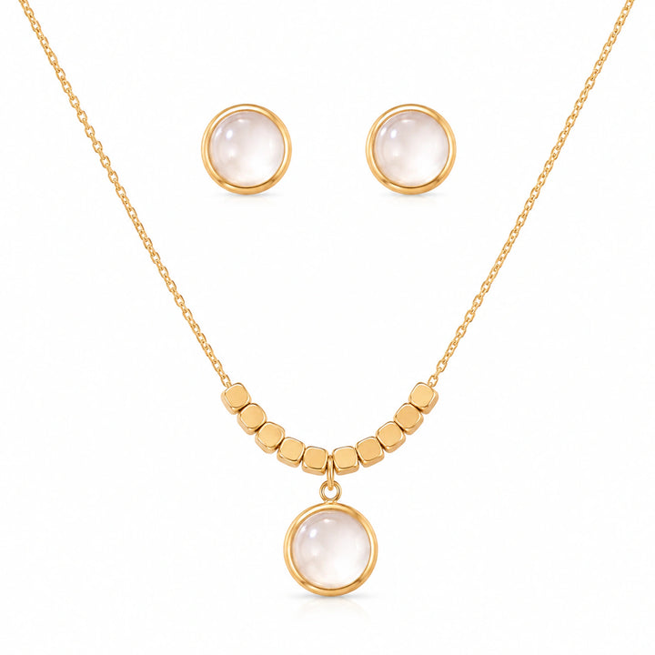 Gold-tone pearl-style round pendant station necklace with earrings