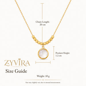 Size guide showing the proportions of the pearl round pendant necklace set