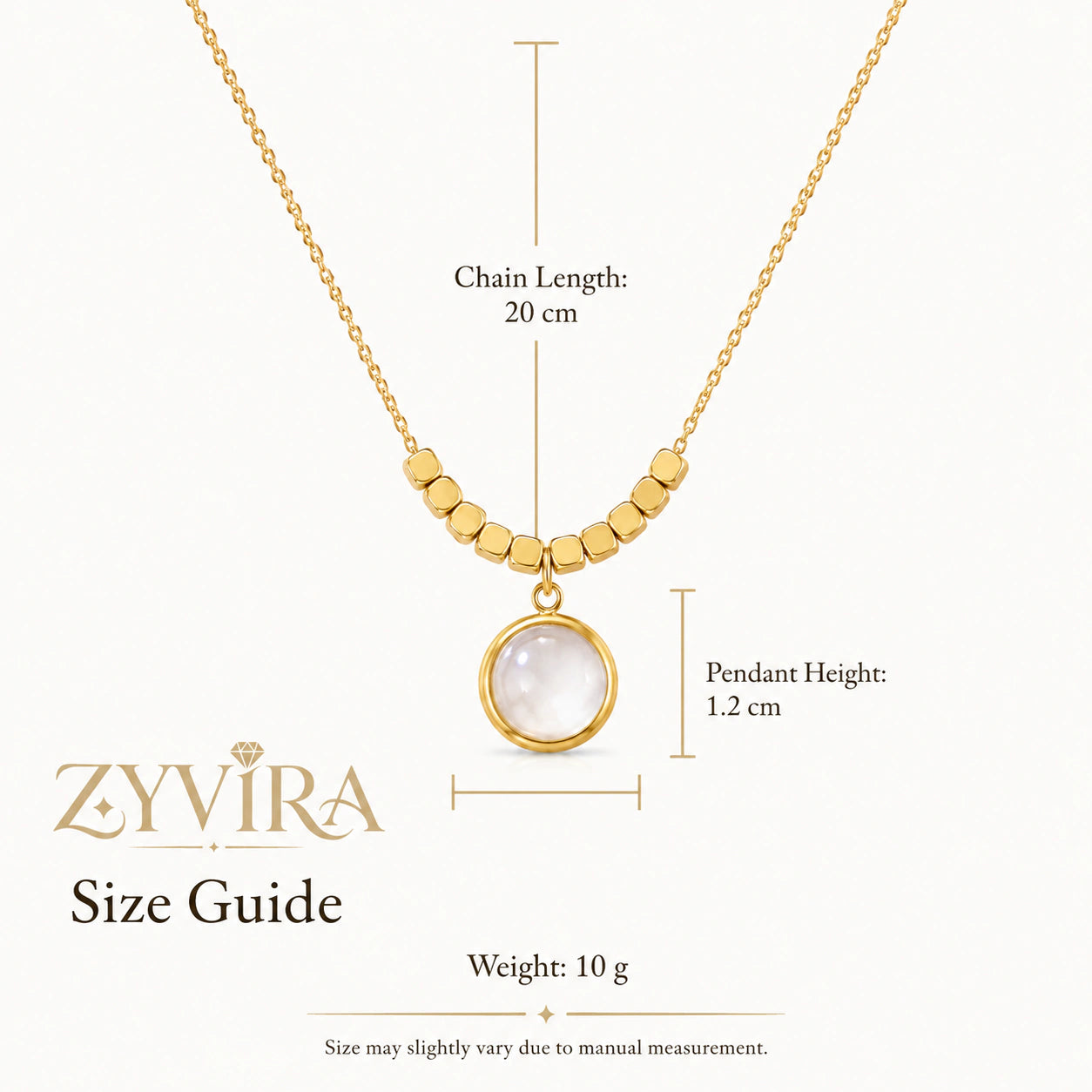 Size guide showing the proportions of the pearl round pendant necklace set