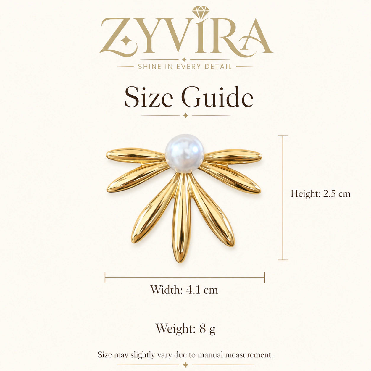Size guide showing the proportions of pearl sunburst fan studs